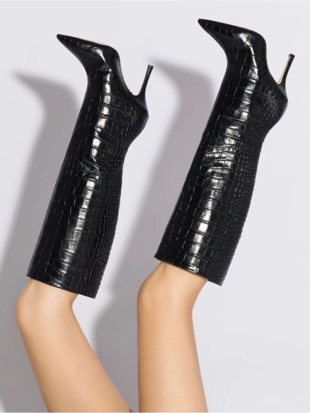 Larroude Black Croc-Embossed Over-the-Knee Stiletto Boots